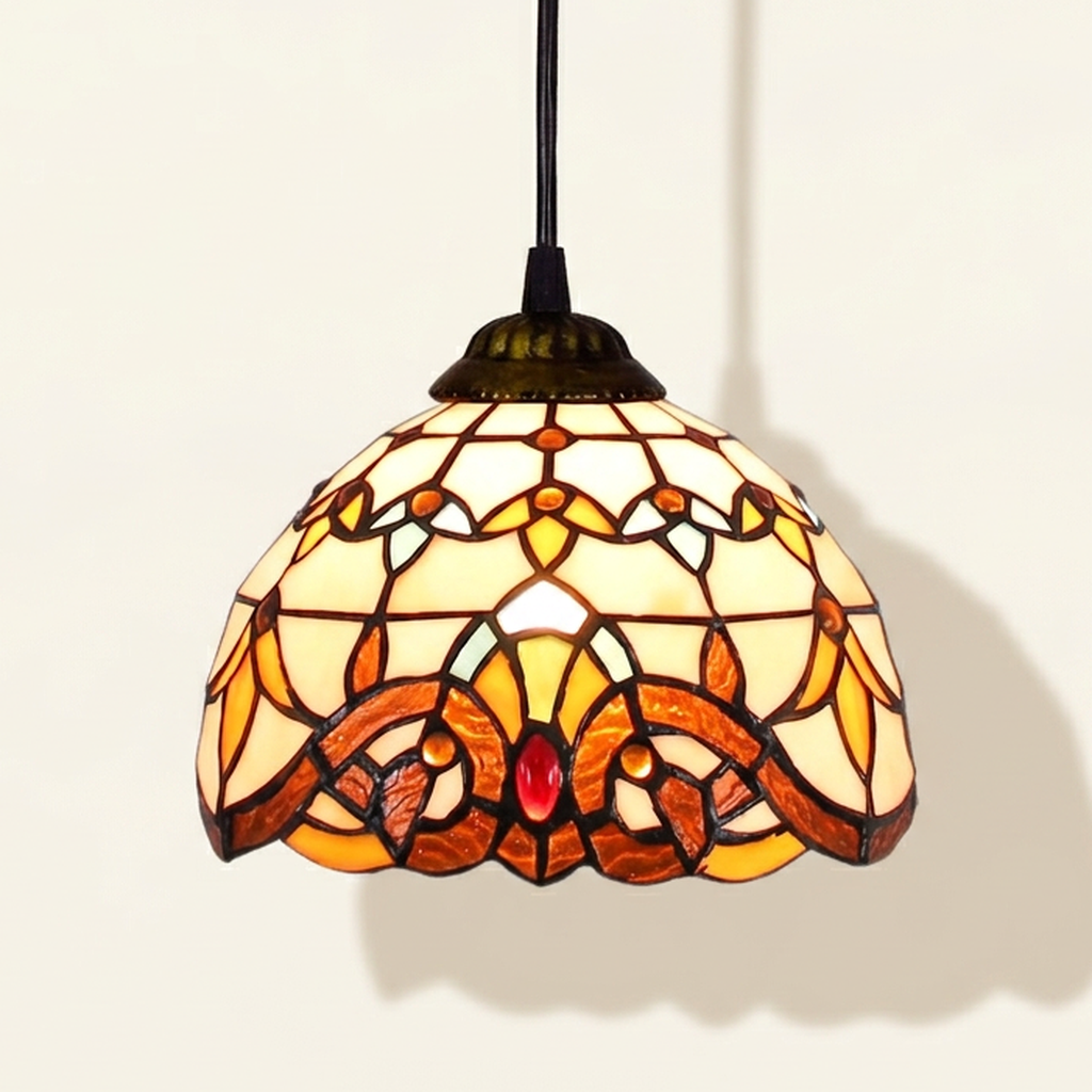 Ornaline, 8 Inch Tiffany-style stained glass pendant light, lit, on a plain ivory studio background