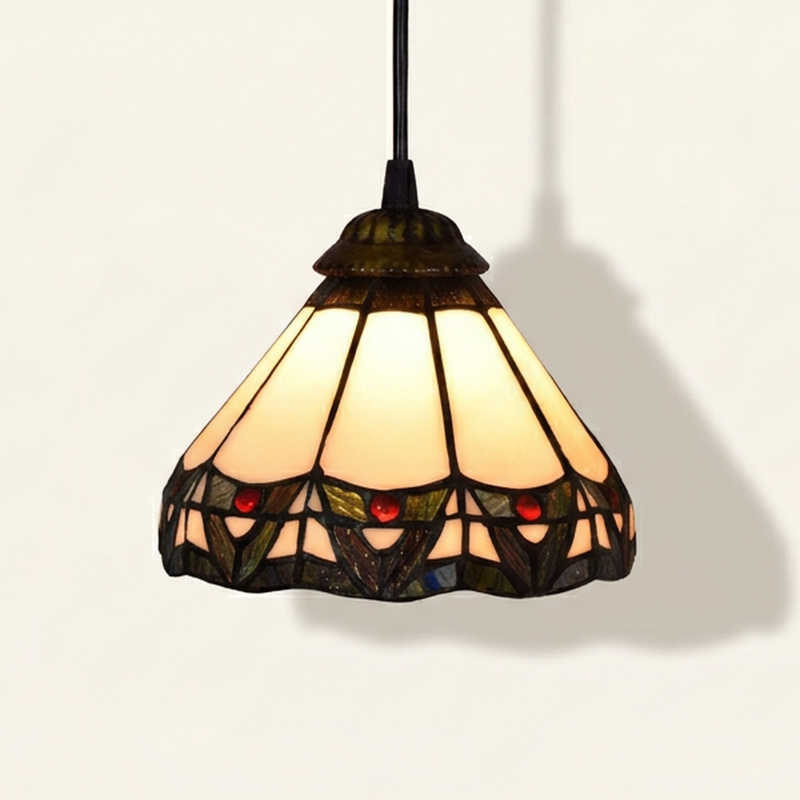 Aurelian, 8 Inch Tiffany-style stained glass pendant light, lit, on a plain ivory studio background