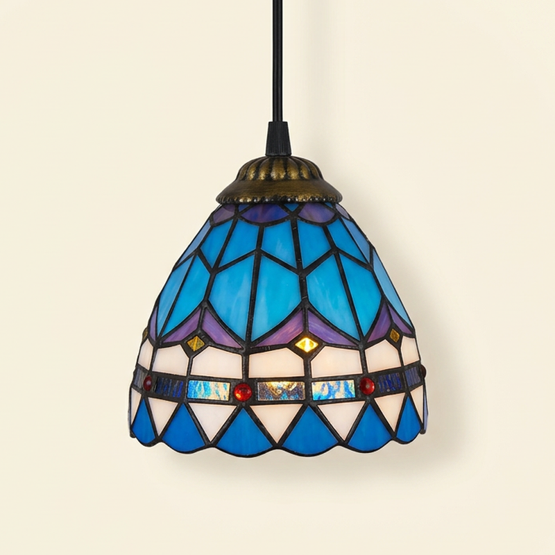 Plumaris, 6-8 Inch - 6 Inches Tiffany-style stained glass pendant light, lit, on a plain ivory studio background