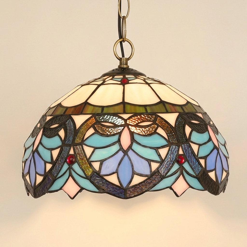 Cherith, 12 Inch Tiffany-style stained glass pendant light, lit, on a plain ivory studio background