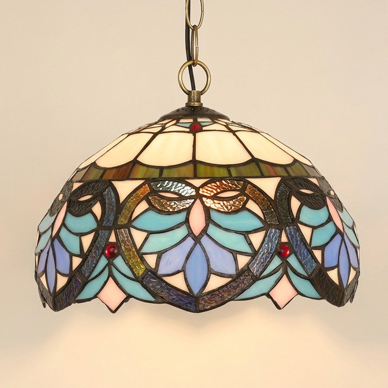 Cherith, 12 Inch Tiffany-style stained glass pendant light, lit, on a plain ivory studio background