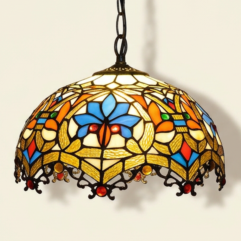 Draconis, 12 Inch Tiffany-style stained glass pendant light, lit, on a plain ivory studio background