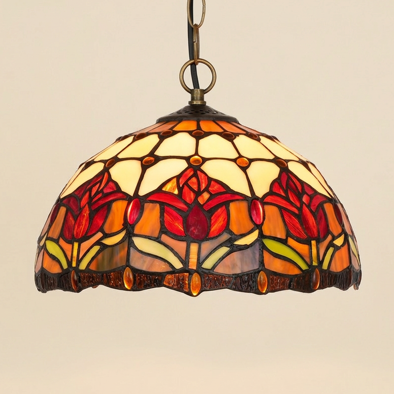 Carmina, 12 Inch Tiffany-style stained glass pendant light, lit, on a plain ivory studio background