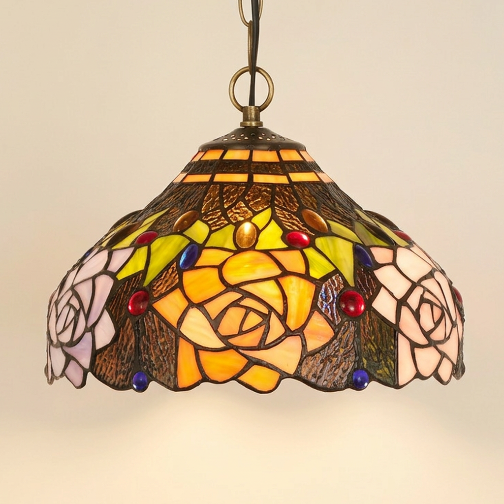 Norelle, 12 Inch Tiffany-style stained glass pendant light, lit, on a plain ivory studio background
