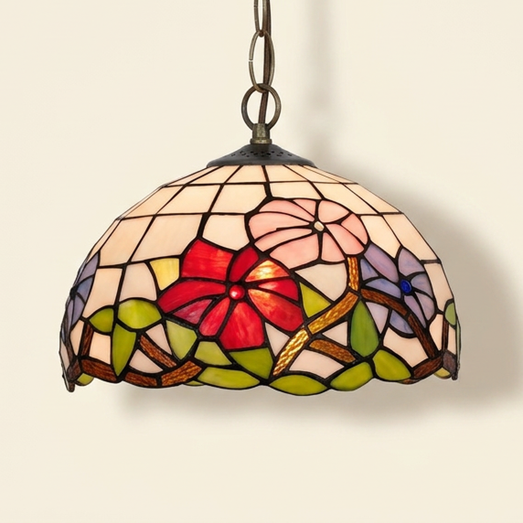 Aurenne, 12 Inch Tiffany-style stained glass pendant light, lit, on a plain ivory studio background