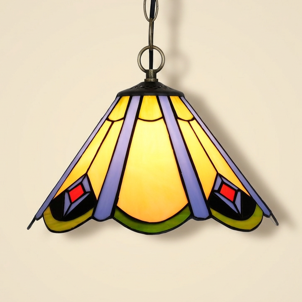 Nagomi, 12 Inch Tiffany-style stained glass pendant light, lit, on a plain ivory studio background