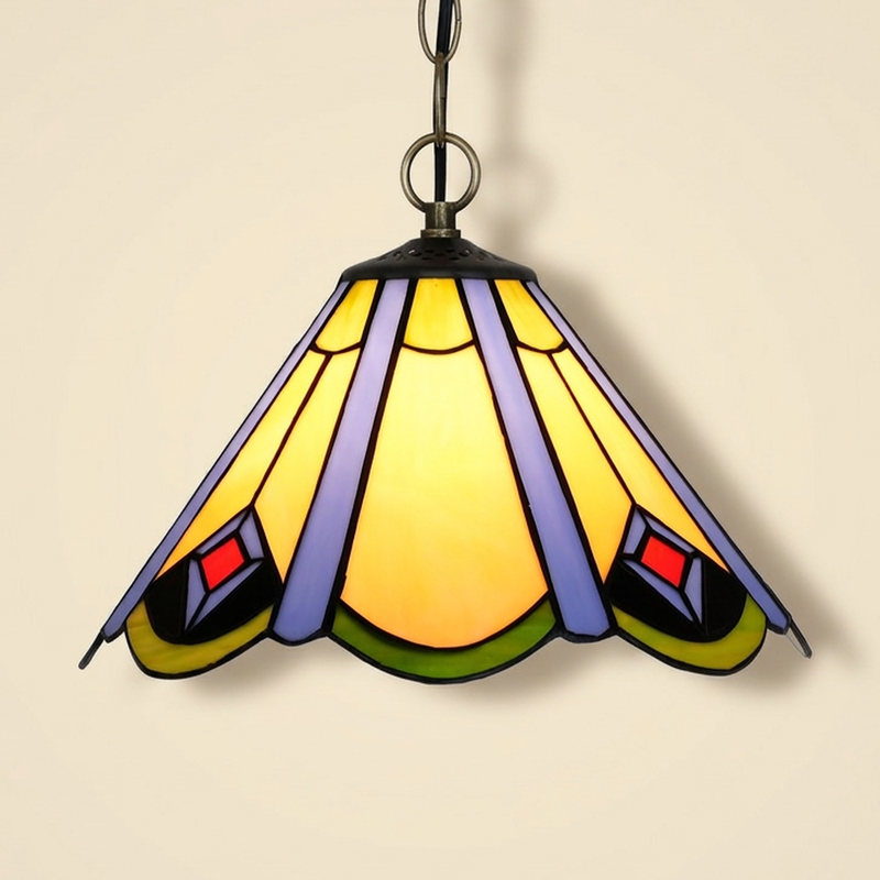 Nagomi, 12 Inch Tiffany-style stained glass pendant light, lit, on a plain ivory studio background