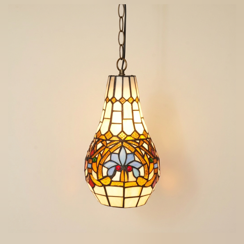 Amorette, 7 Inch Tiffany-style stained glass pendant light, lit, on a plain ivory studio background