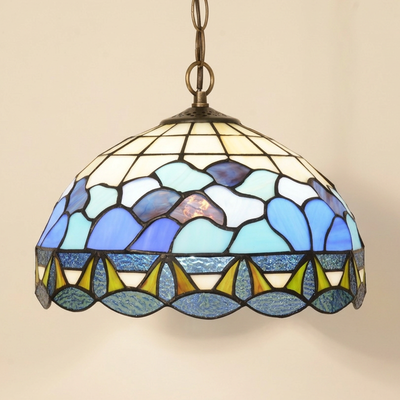 Embruna, 12 Inch Tiffany-style stained glass pendant light, lit, on a plain ivory studio background