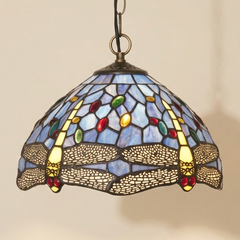 Odessa, 12 Inch - Blue Tiffany-style stained glass pendant light, lit, on a plain ivory studio background