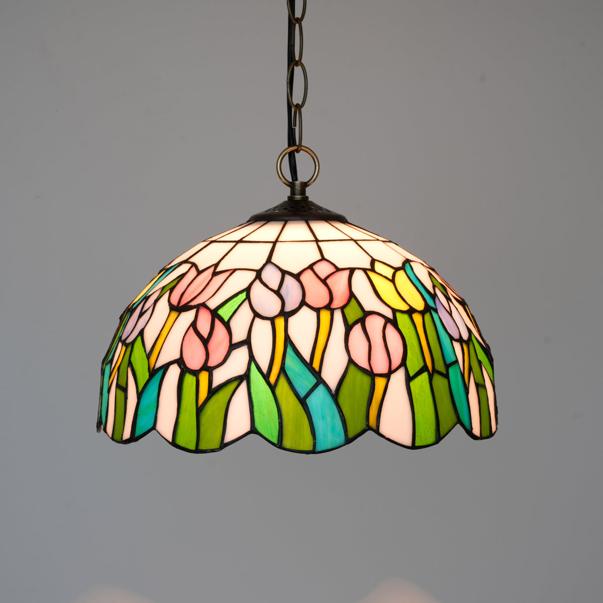 Tullia, 12 Inch stained glass dining pendant, lit