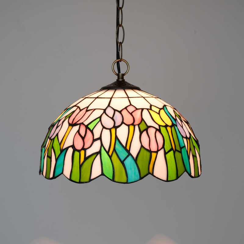 Tullia, 12 Inch stained glass dining pendant, lit