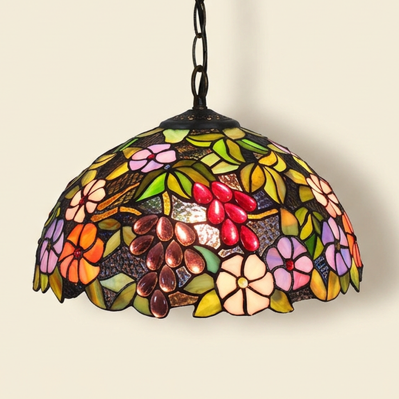 Bacchara, 16 Inch Tiffany-style stained glass pendant light, lit, on a plain ivory studio background