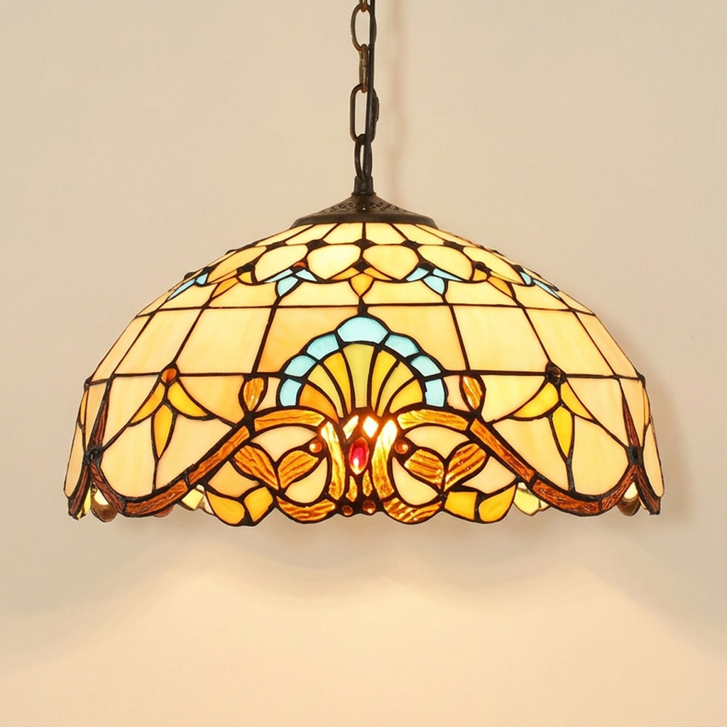 Ornaline, 16 Inch Tiffany-style stained glass pendant light, lit, on a plain ivory studio background