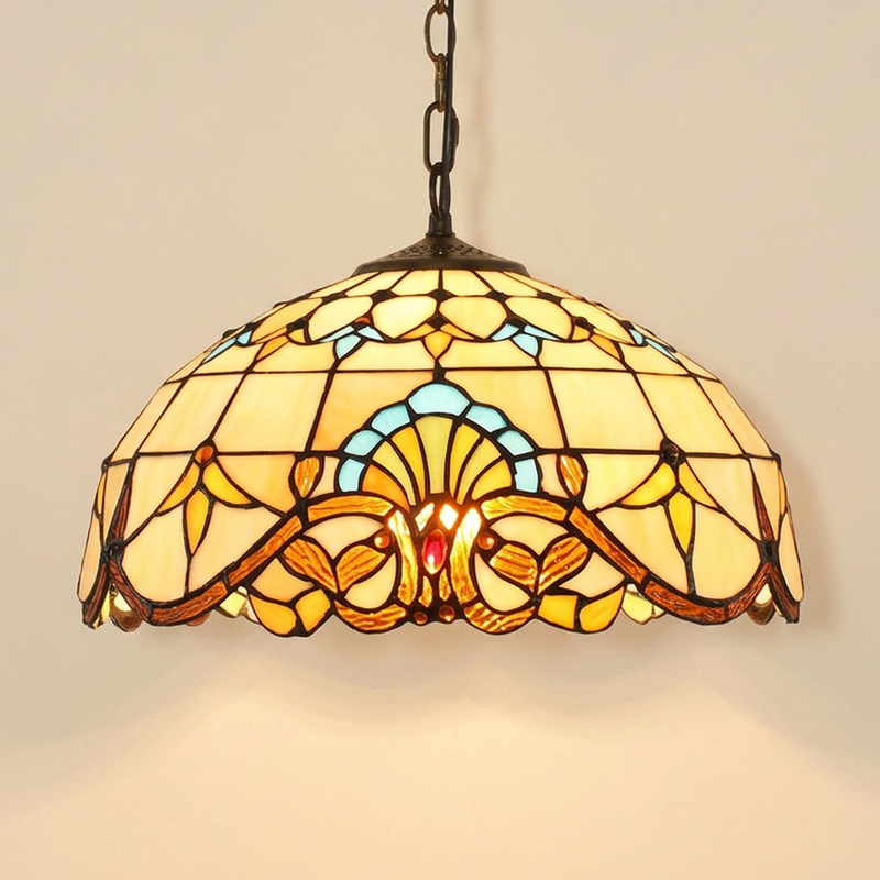 Ornaline, 16 Inch Tiffany-style stained glass pendant light, lit, on a plain ivory studio background