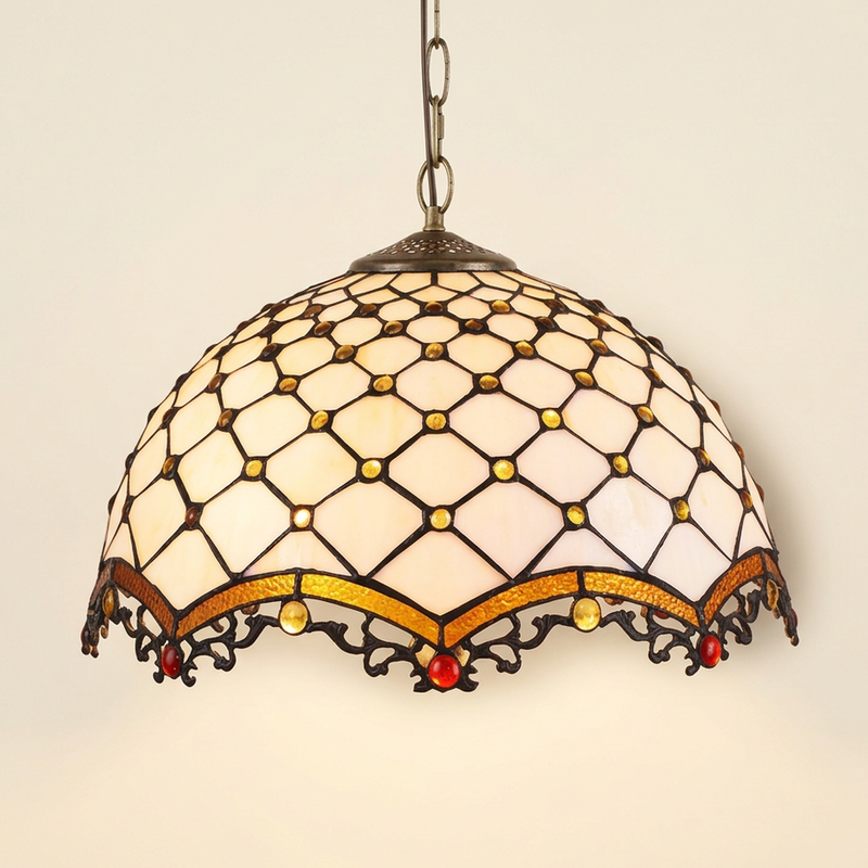 Berneau, 16 Inch Tiffany-style stained glass pendant light, lit, on a plain ivory studio background