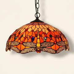 Odessa, 16 Inch - Red Tiffany-style stained glass pendant light, lit, on a plain ivory studio background