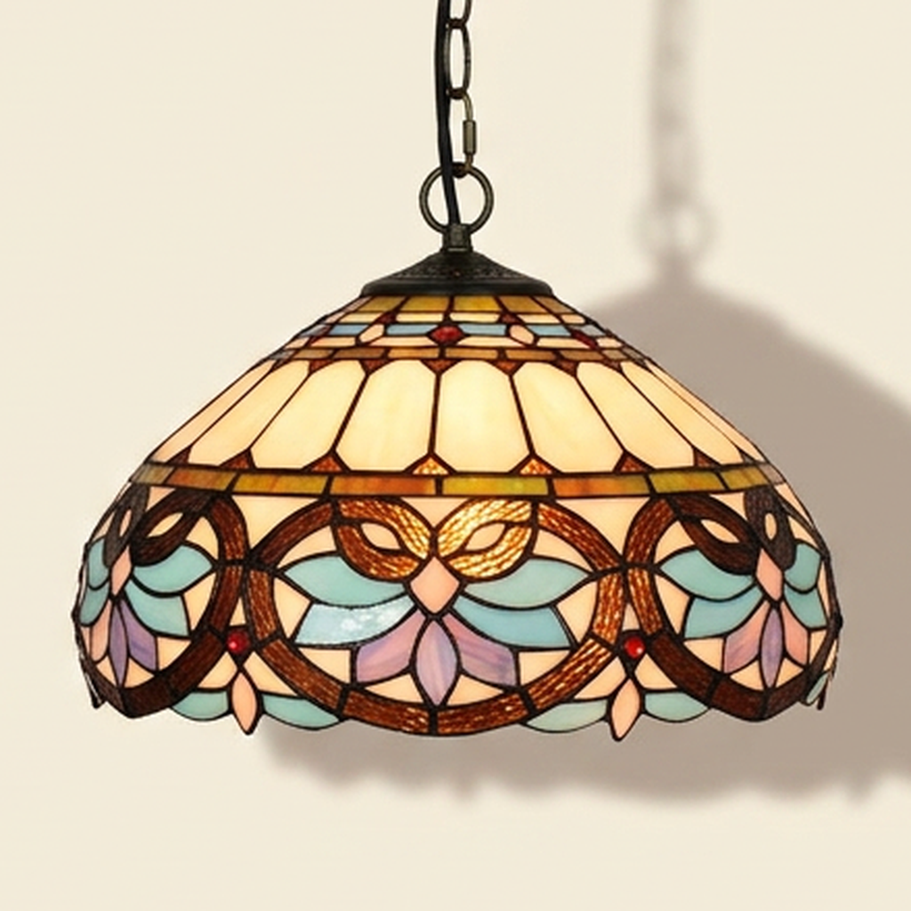 Cherith, 16 Inch Tiffany-style stained glass pendant light, lit, on a plain ivory studio background