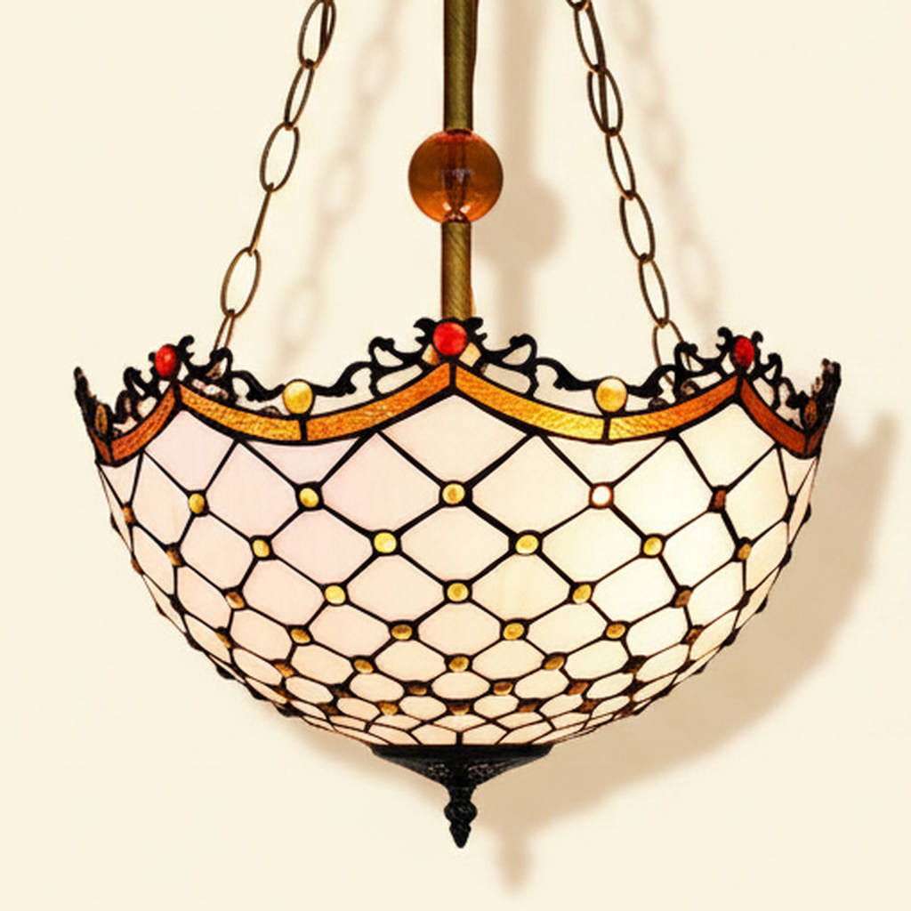 Bernelle, 16 Inch Tiffany-style stained glass pendant light, lit, on a plain ivory studio background