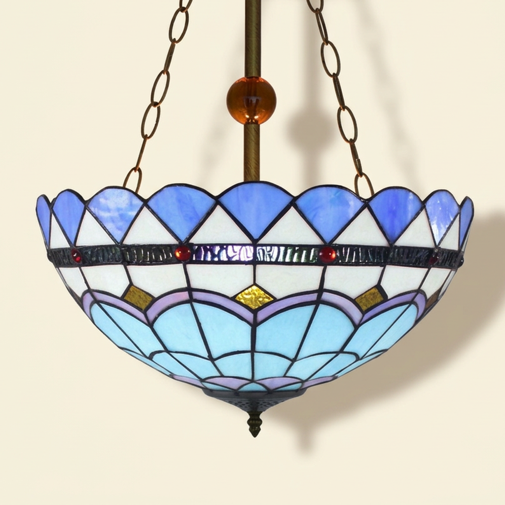 Plumaria, 16 Inch Tiffany-style stained glass pendant light, lit, on a plain ivory studio background