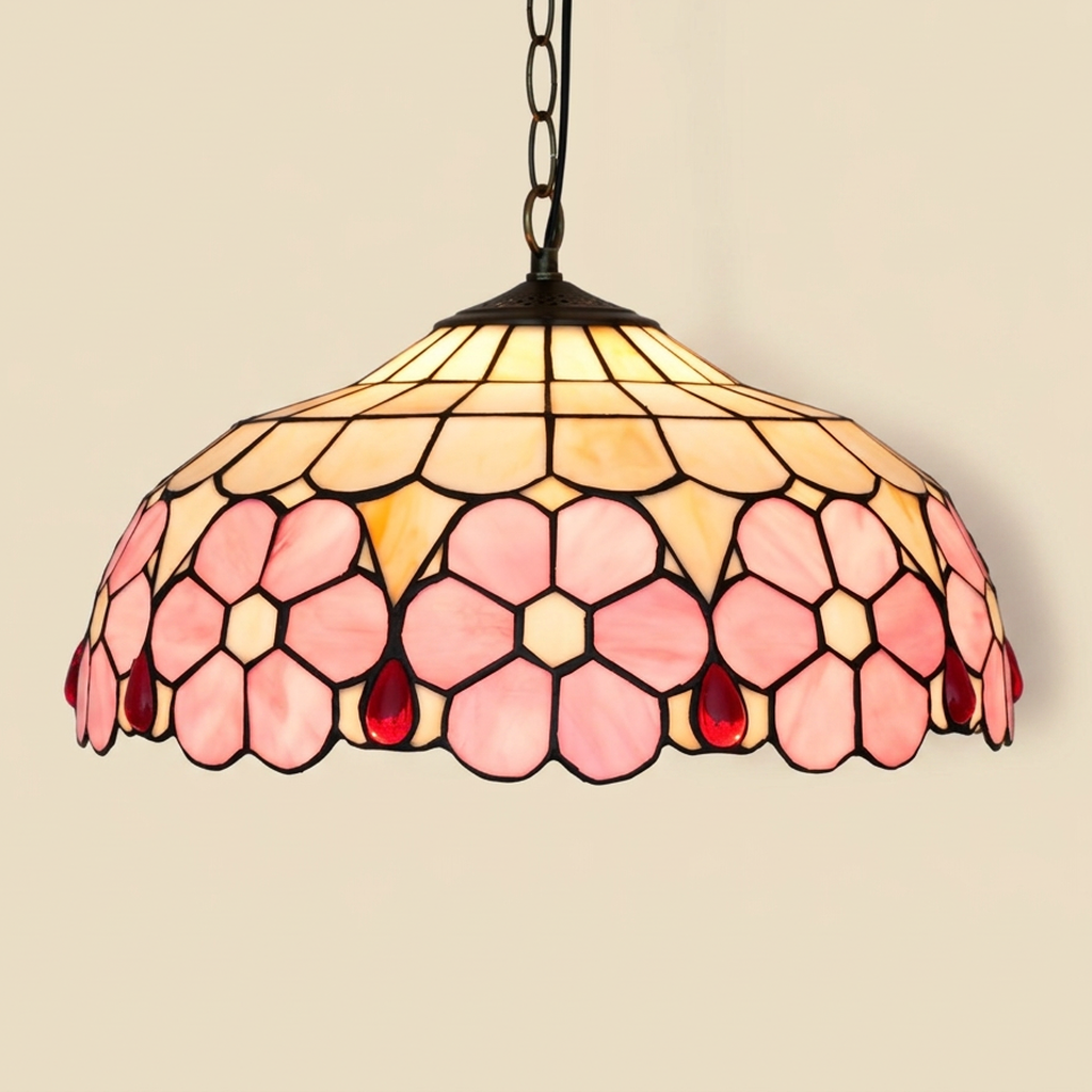 Sakuya, 16 Inch Tiffany-style stained glass pendant light, lit, on a plain ivory studio background