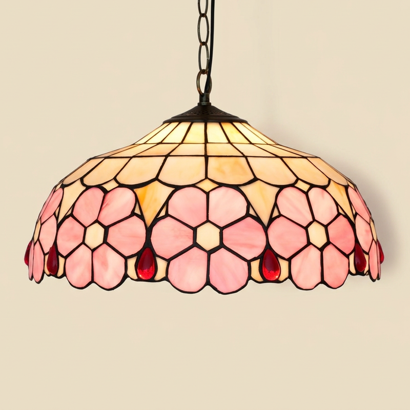 Sakuya, 16 Inch Tiffany-style stained glass pendant light, lit, on a plain ivory studio background