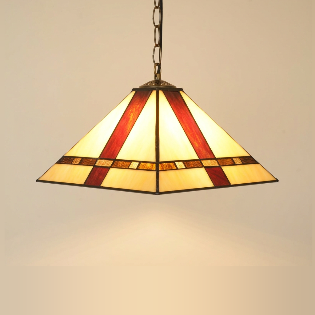 Amberton, 16 Inch - Yellow Tiffany-style stained glass pendant light, lit, on a plain ivory studio background