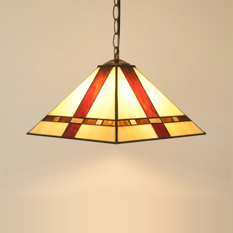 Amberton, 16 Inch - Yellow Tiffany-style stained glass pendant light, lit, on a plain ivory studio background