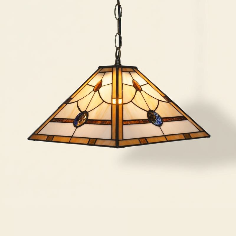 Perlrose, 16 Inch Tiffany-style stained glass pendant light, lit, on a plain ivory studio background