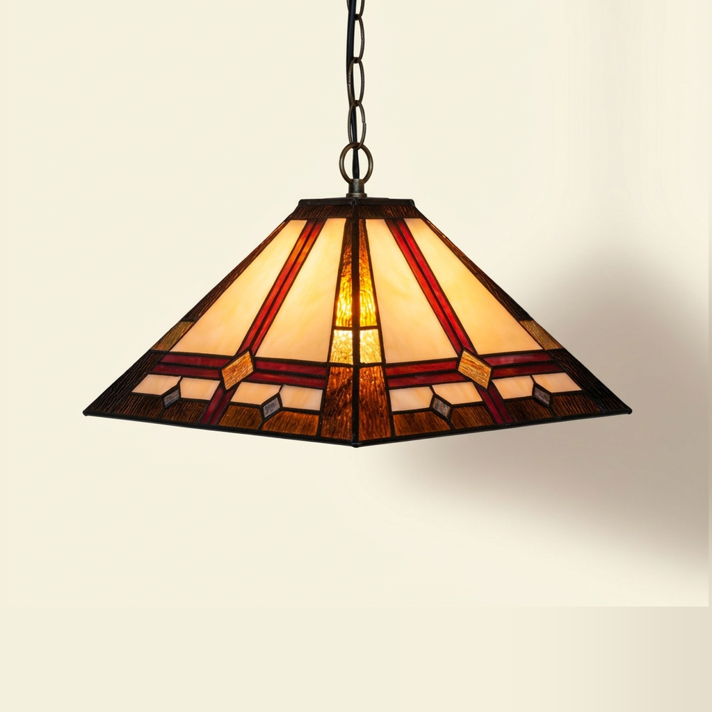 Warwick, 16 Inch Tiffany-style stained glass pendant light, lit, on a plain ivory studio background