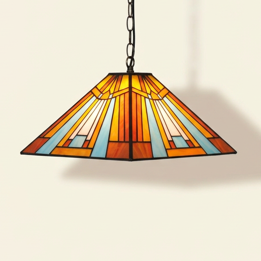 Spectra, 16 Inch Tiffany-style stained glass pendant light, lit, on a plain ivory studio background