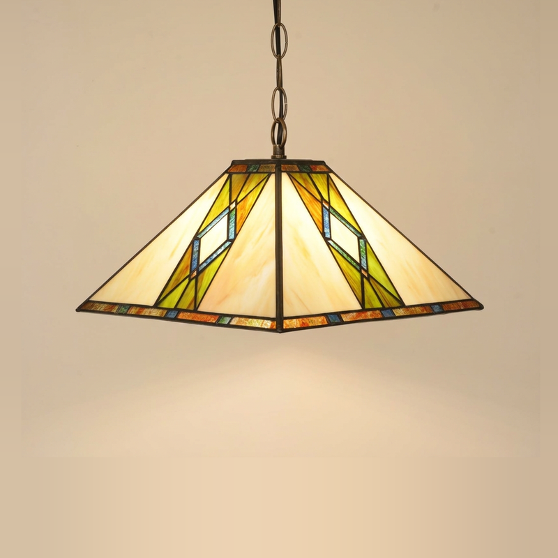 Verdley, 16 Inch Tiffany-style stained glass pendant light, lit, on a plain ivory studio background