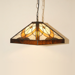 Emerson, 16 Inch - Brown Tiffany-style stained glass pendant light, lit, on a plain ivory studio background