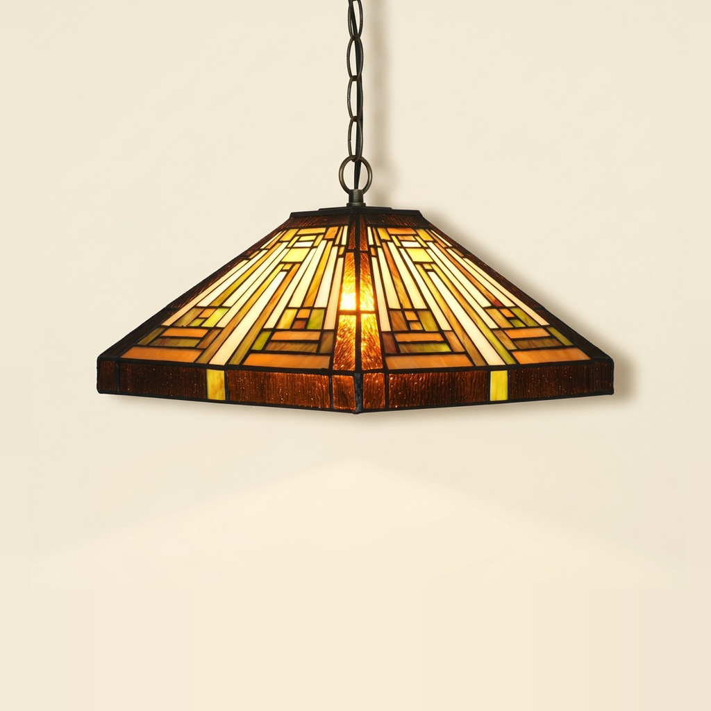 Kingsley, 16 Inch Tiffany-style stained glass pendant light, lit, on a plain ivory studio background