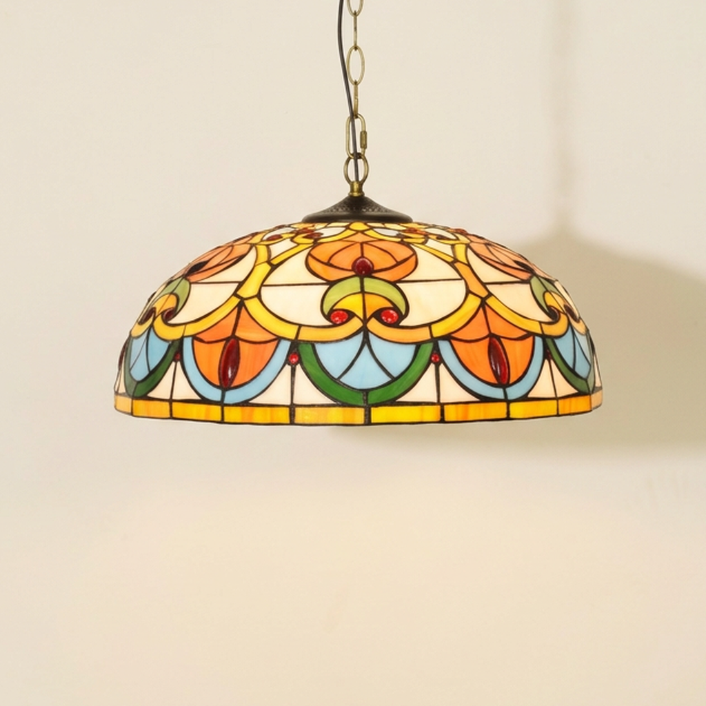 Caridonne, 20-24 Inch - Flat Mouth Tiffany-style stained glass pendant light, lit, on a plain ivory studio background