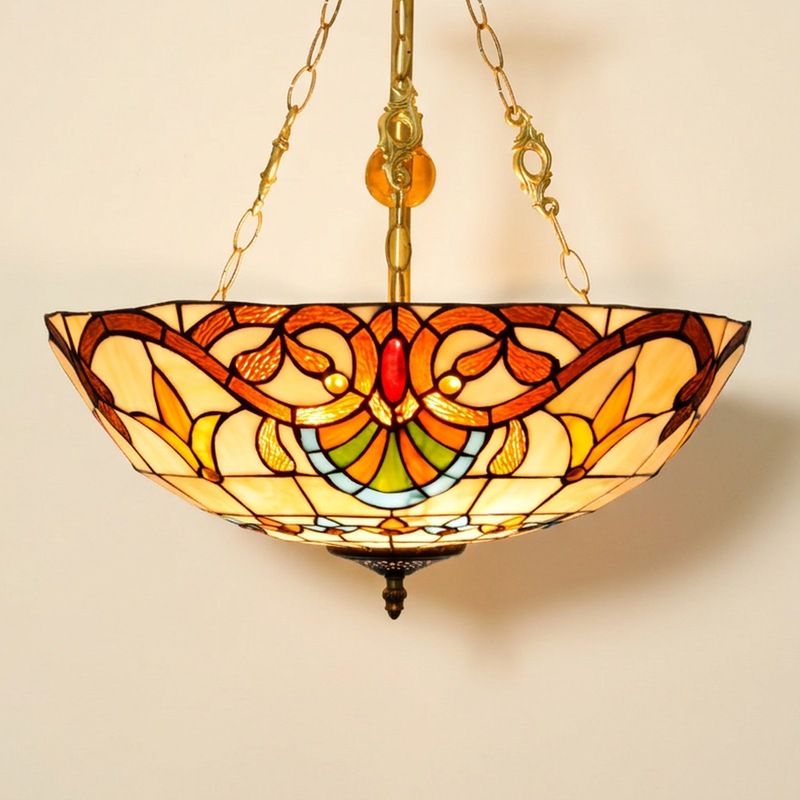 Doreena, 20-24 Inch - 20 Inches Tiffany-style stained glass pendant light, lit, on a plain ivory studio background
