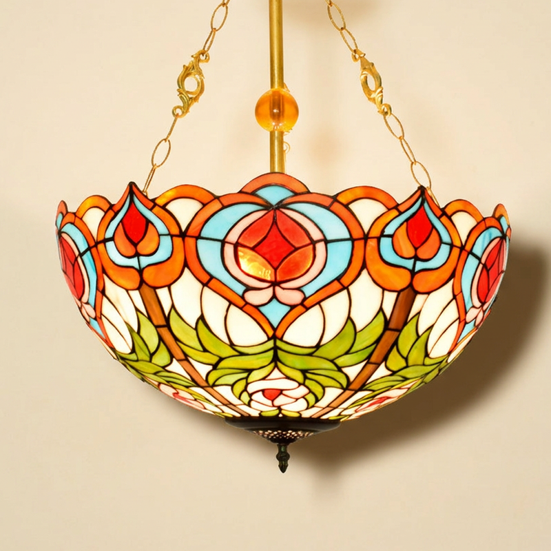 Peschera, 20 Inch Tiffany-style stained glass pendant light, lit, on a plain ivory studio background