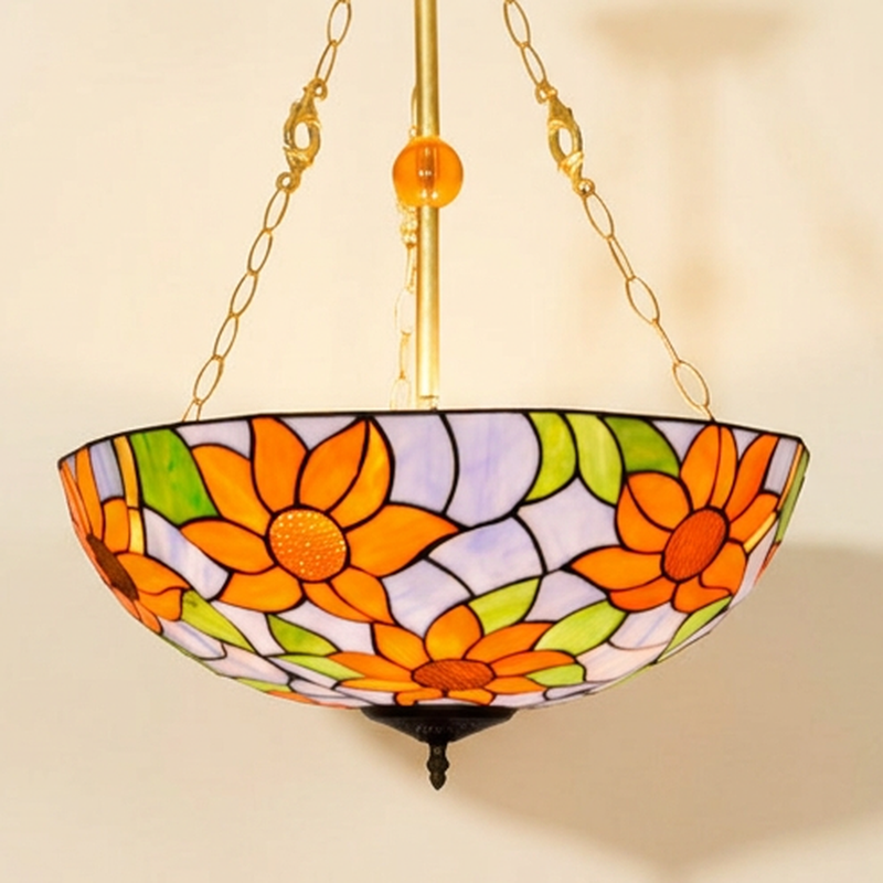 Soleste, 20-24 Inch - 20 Inches Tiffany-style stained glass pendant light, lit, on a plain ivory studio background