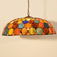 Girandelle, 20 Inch - Flat Mouth Tiffany-style stained glass pendant light, lit, on a plain ivory studio background