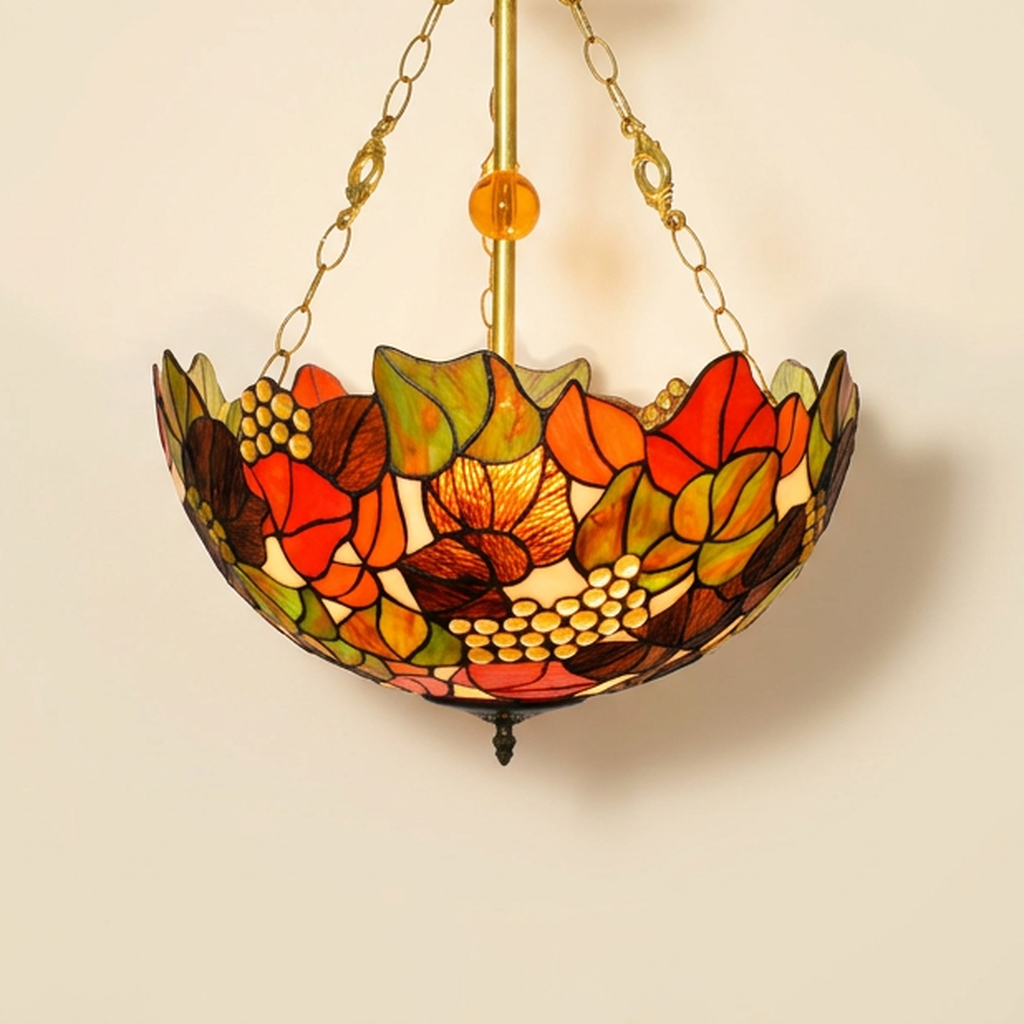 Corvale, 20 Inch Tiffany-style stained glass pendant light, lit, on a plain ivory studio background
