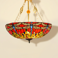 Zephyrine, 20-24 Inch - 24 Inches Tiffany-style stained glass pendant light, lit, on a plain ivory studio background