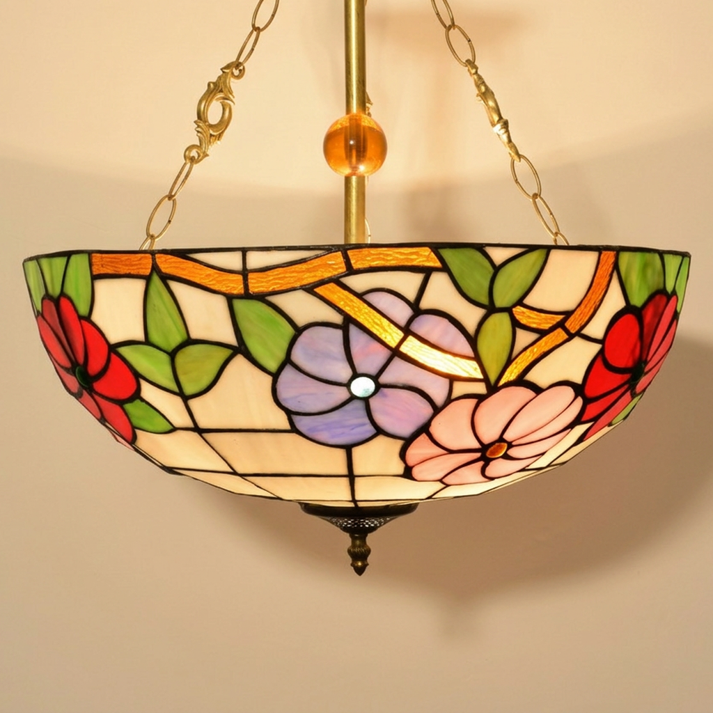 Auroria, 20-24 Inch - 20 Inches Tiffany-style stained glass pendant light, lit, on a plain ivory studio background