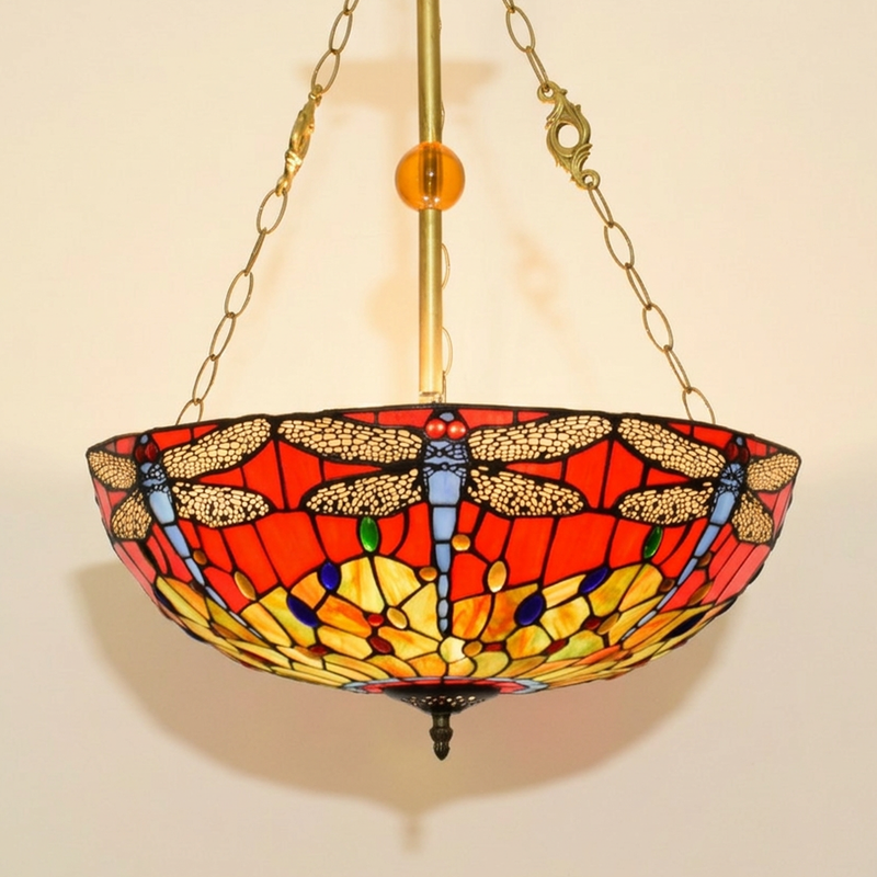 Zephyrine, 20-24 Inch - 20 Inches Tiffany-style stained glass pendant light, lit, on a plain ivory studio background