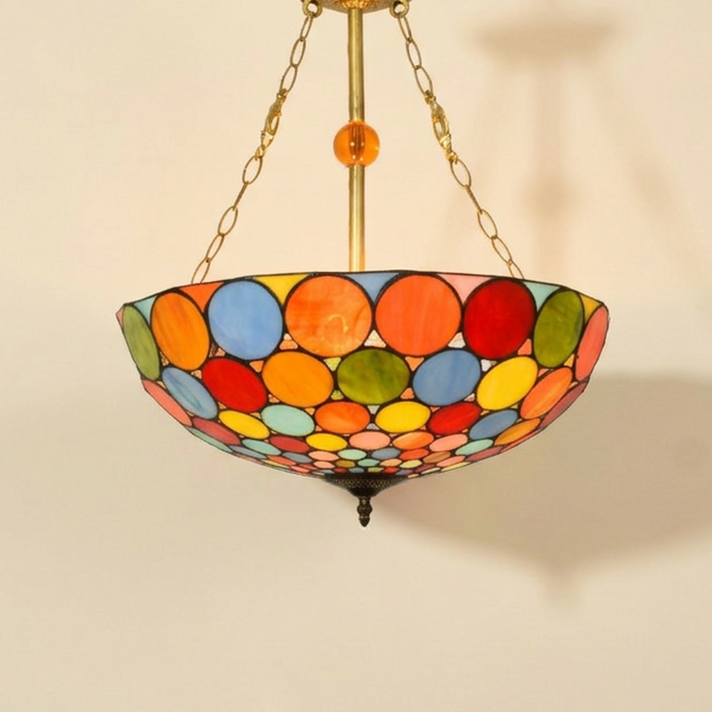 Girandole, 20-24 Inch - 20 Inches Tiffany-style stained glass pendant light, lit, on a plain ivory studio background