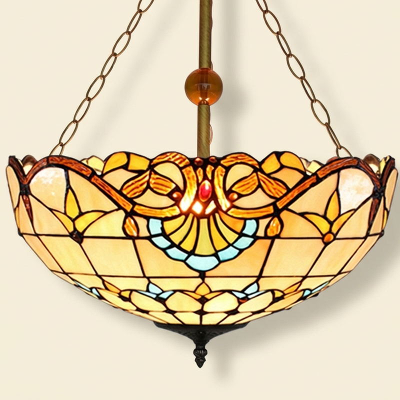 Ornella, 20 Inch Tiffany-style stained glass pendant light, lit, on a plain ivory studio background
