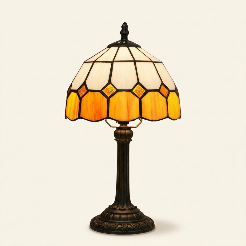 Glenna 8 Inch Tiffany-style stained glass table lamp, Straight Pole base, lit, on a plain ivory studio background