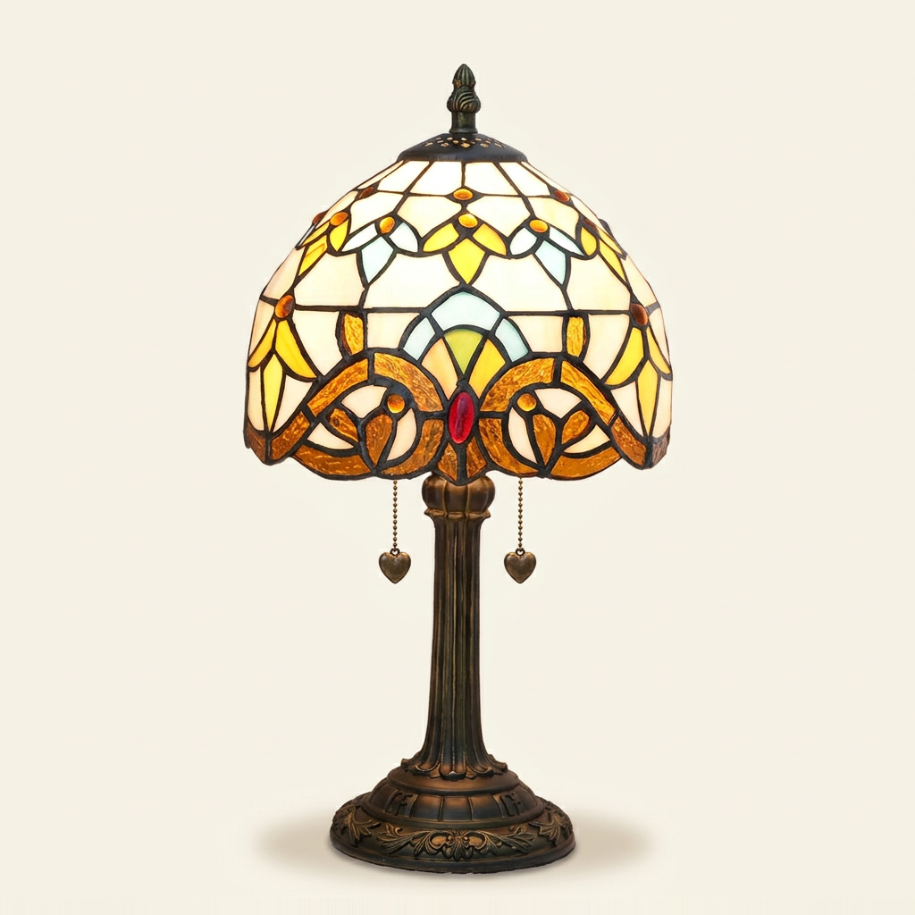 Marchesa 8 Inch Tiffany-style stained glass table lamp, Straight Pole base, lit, on a plain ivory studio background
