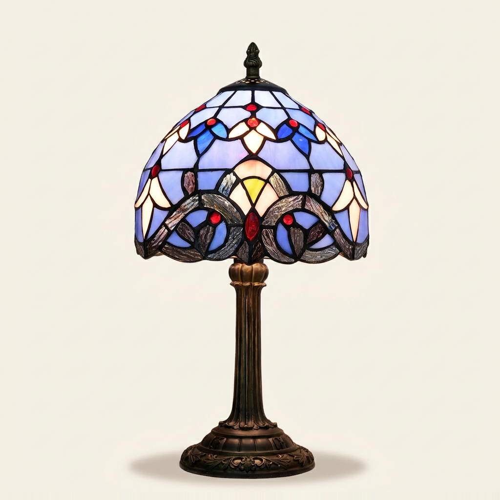 Bellamont 8 Inch Tiffany-style stained glass table lamp, Straight Pole base, lit, on a plain ivory studio background