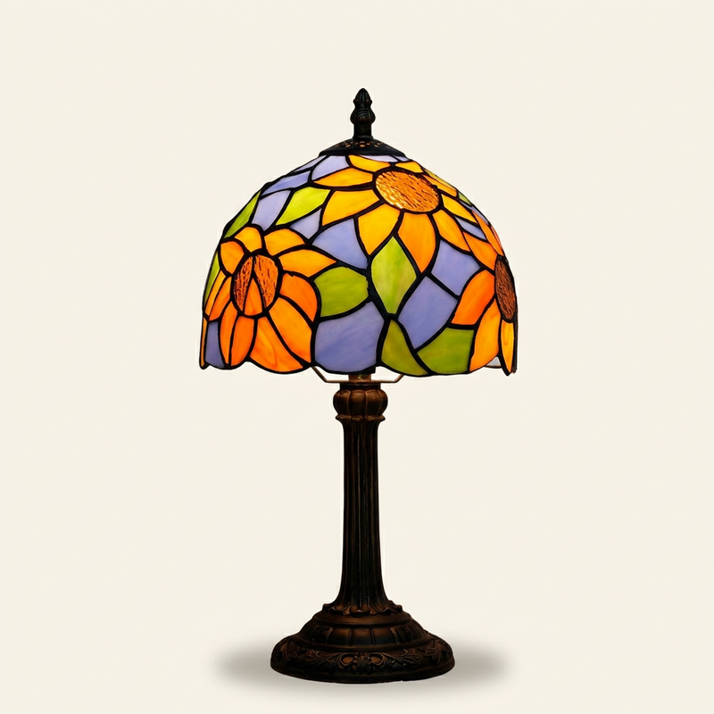Violetta 8 Inch Tiffany-style stained glass table lamp, Straight Pole base, lit, on a plain ivory studio background