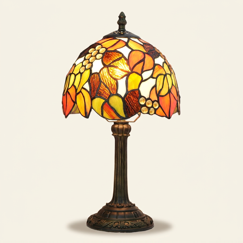 Aceria 8 Inch Tiffany-style stained glass table lamp, lit, on a plain ivory studio background